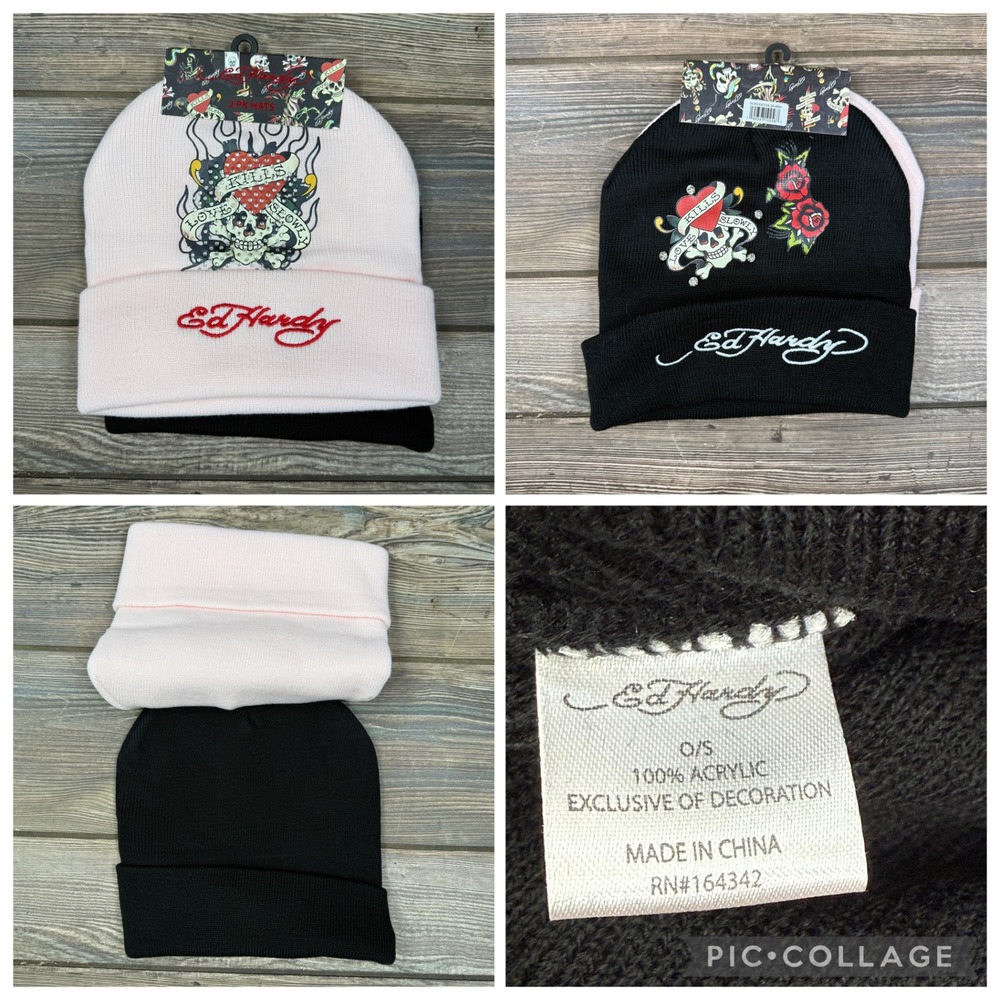 Ed‎ Hardy 2-Pack Knit Beanie Hat Love Kills Slowly Skull Roses Womens Stretch